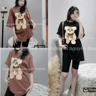 Sét bộ áo thun in hình gấu The dáng rộng kèm quần ngố legging ôm 2 màu nâu đen Xưởng Sỉ Nguyễn Hoa