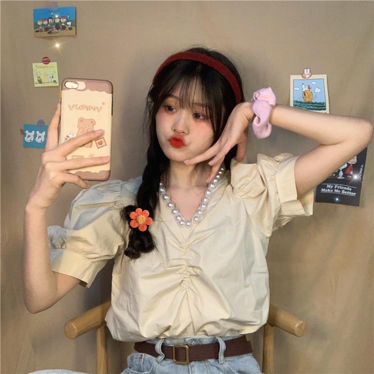 Áo sơ mi COZOKC tay ngắn cổ đính ngọc trai giả phong cách Hàn Quốc thời trang