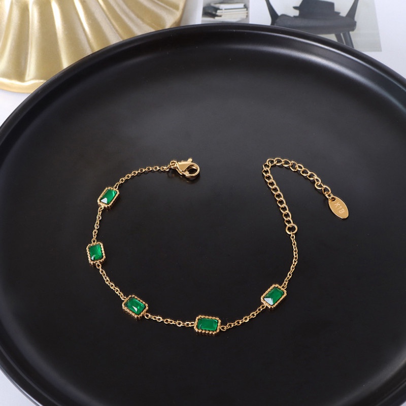 Dây Chuyền Hoặc Lắc Tay 5 Viên Đá Nhân Tạo Màu Xanh Lá Titan Ko Đen TT 3876