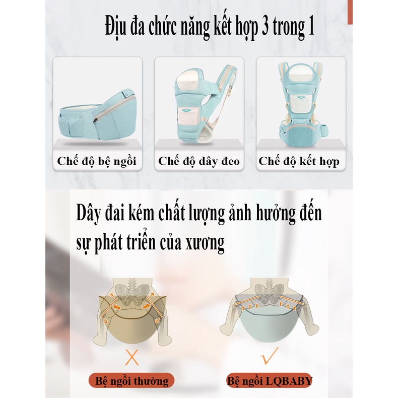 Đai địu em bé sơ sinh thoáng khí 6 tư thế địu trẻ em đa chức năng, chất liệu vải sợi cotton mềm mại, êm ái, thoáng mát