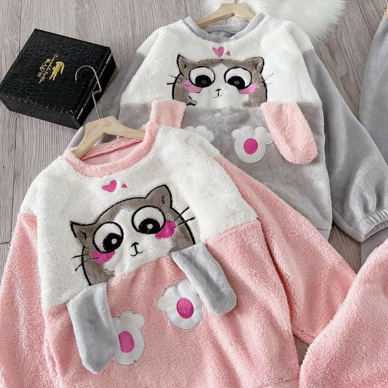 Bộ ngủ mùa đông bộ mặc nhà lông mèo dễ thương lông dày mặc ấm lên dáng xinh | BigBuy360 - bigbuy360.vn