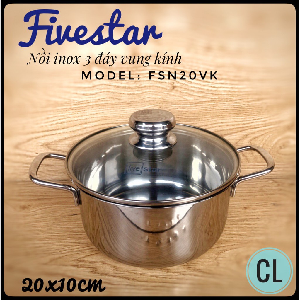 Nồi Fivestar inox 3 đáy 430 đun từ nắp kính 18invk/20invk/24invk