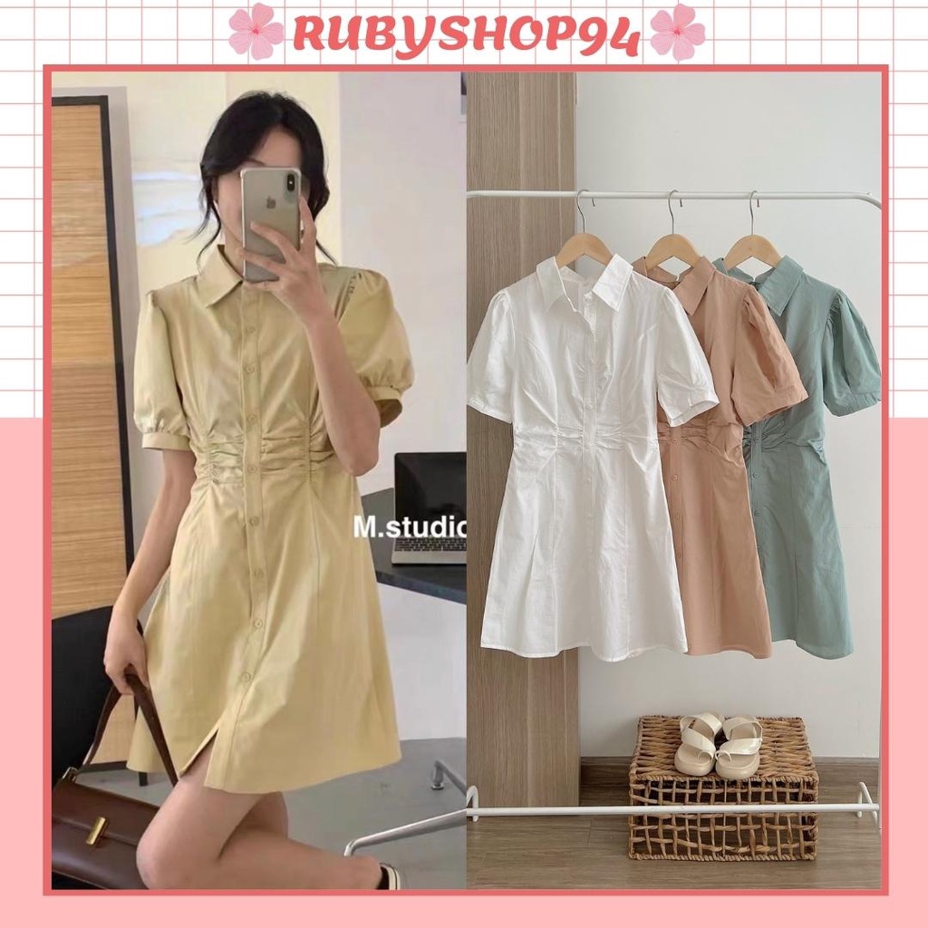 Váy sơ mi ly eo dáng dài suông phong cách Hàn Quốc, Đầm sơ mi nữ nhiều màu vải thô cực đẹp