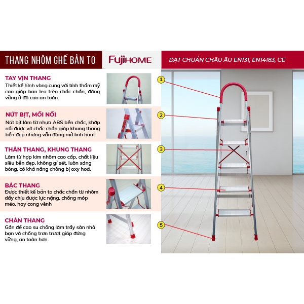 Thang ghế nhôm tay vịn chữ A  bản to 4 - 5 - 6 bậc cao 1,4m - 1,9m xếp gọn nhập khẩu, thang nhôm xếp gọn gia đình