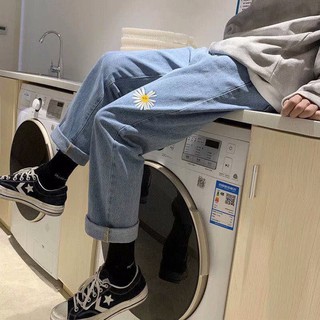 Quần Jean Ống Rộng Dáng Suông In Họa Tiết Hoa Cúc Phong Cách Hàn Quốc Thời Trang Cho Nữ