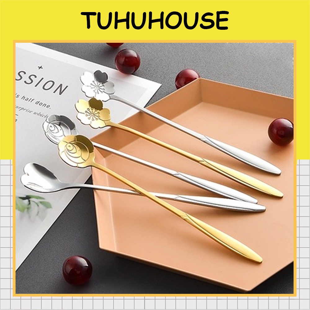 Thìa Nĩa Inox Hình Hoa, Muỗng Cà Phê Inox, Thìa Dài Uống Trà Hai Màu Vàng Bạc Sang Trọng, Tinh Tế - Tuhuhouse