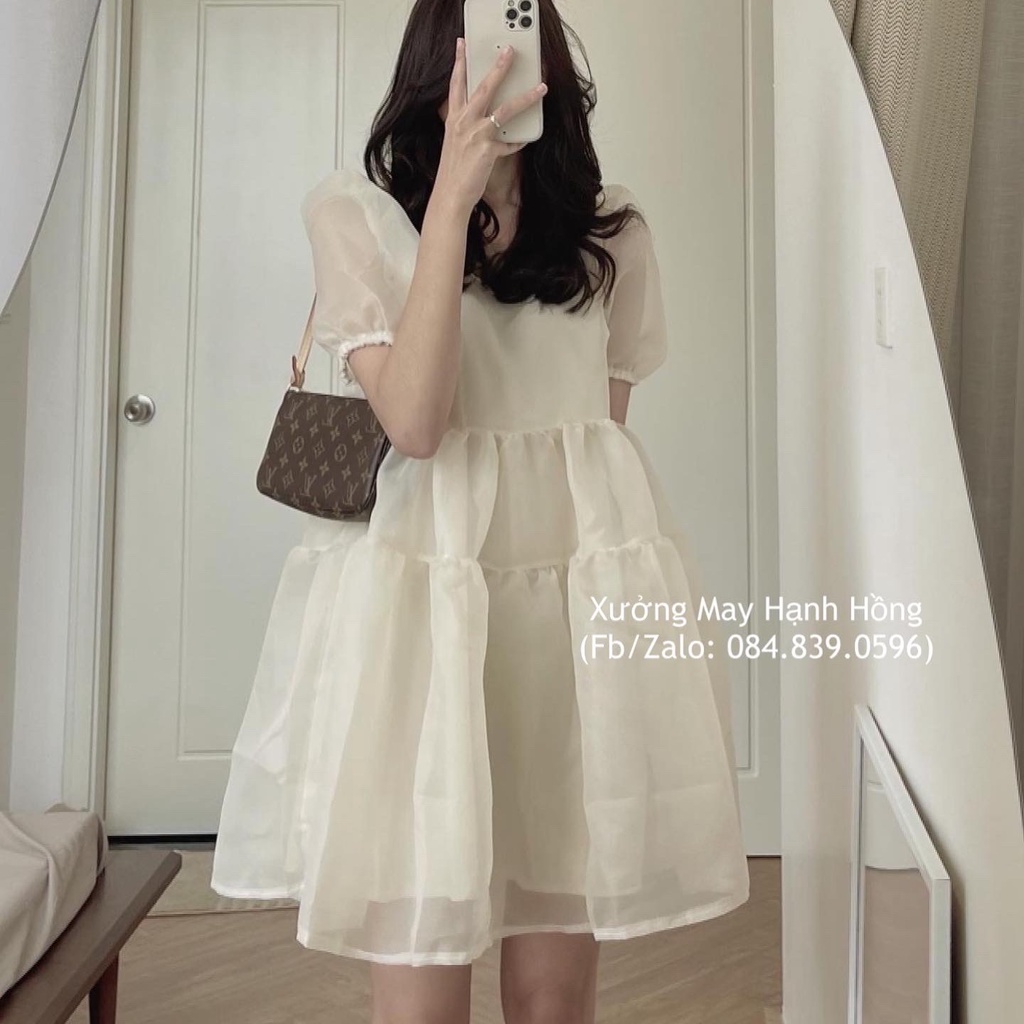 Váy trắng dự tiệc tiểu thư tay phồng cổ vuông, Váy công chúa trắng tay bồng có đệm ngực
