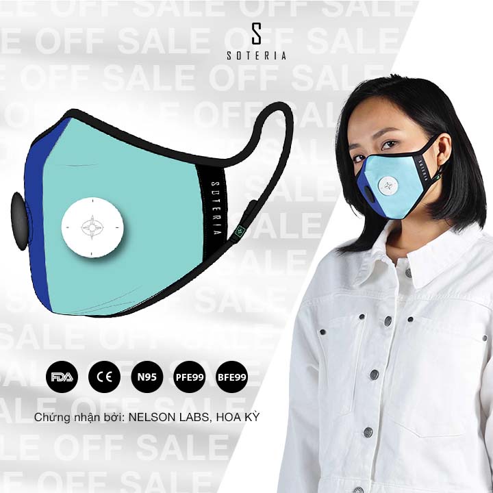 Khẩu trang tiêu chuẩn Quốc Tế SOTERIA Blue Tur ST209 - Bộ lọc N95 BFE PFE 99 lọc đến 99% bụi mịn 0.1 micro- Size S,M,L