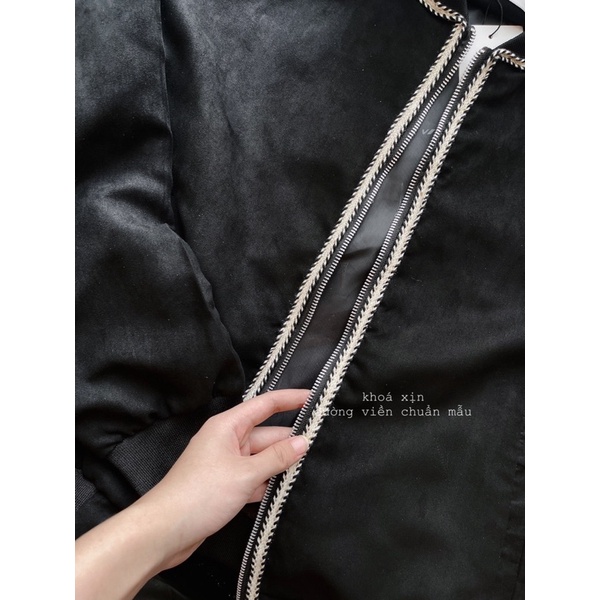 Bán sỉ áo bomber đen da lộn dây viền cho nữ