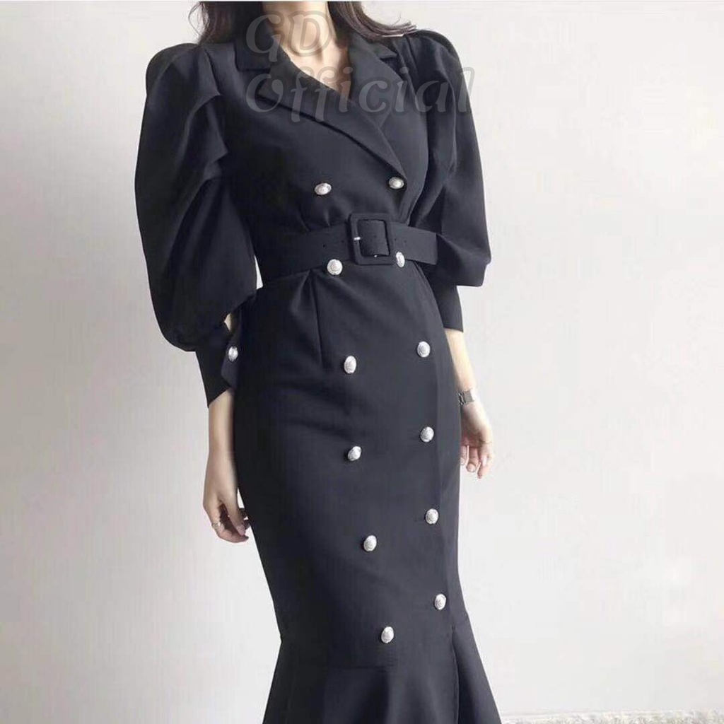 D34|Đầm nữ công sở cổ vest chữ V tay phồng kèm thắt lưng buộc eo dài dáng đuôi cá cổ điển màu xanh, tím, đen GD Official