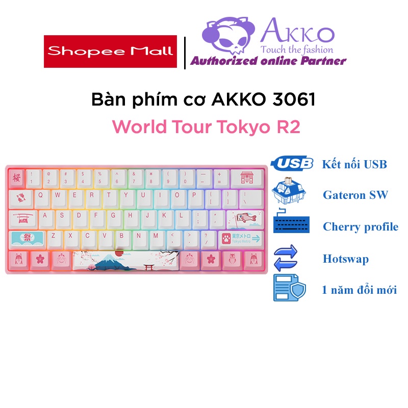 Bàn phím cơ AKKO 3061 World Tour Tokyo R2 RGB (Gateron switch / Pre-Lubed/ Hot swap/Foam tiêu âm/RGB)