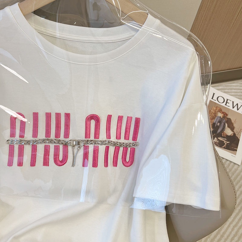 Mới Áo Thun Tay Ngắn Hoạ Tiết Chữ Thêu Thiết Kế Dáng Rộng Thoải Mái