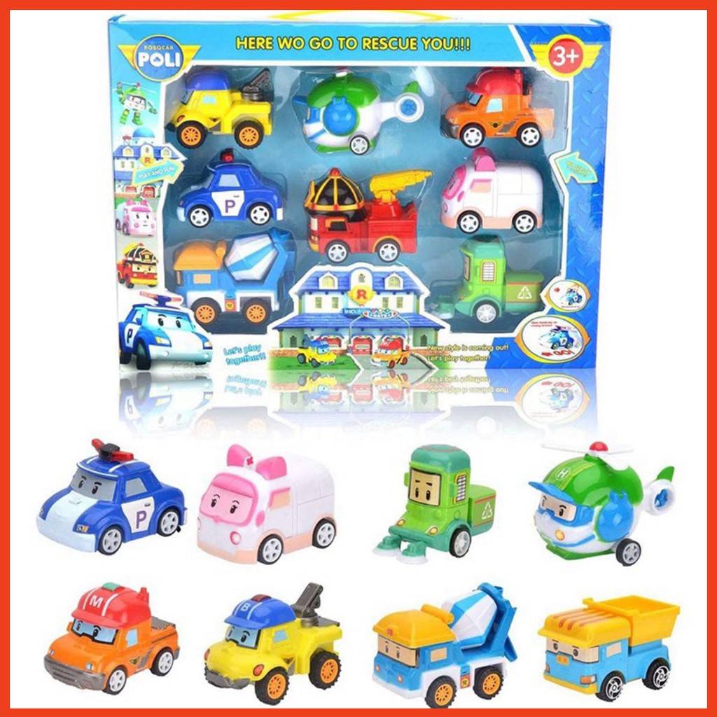 Hộp đồ chơi 8 ô tô robot Poli (3+) chạy dây cót