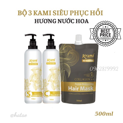 Bộ 3 Siêu Dưỡng Tóc Kami Hương Nước Hoa - Gội(K chứa silicon) - Collagen(K chứa silicon) - Hấp phục hồi Collagen