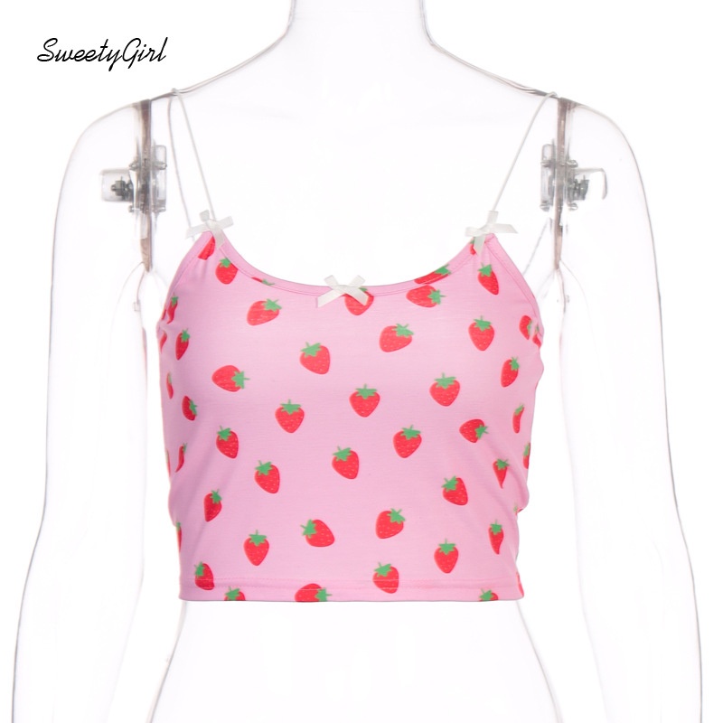 Áo Tank Top Cổ Tròn Ôm Dáng In Họa Tiết Dâu Tây Hoạt Hình Đính Nơ Xinh Xắn Cho Nữ