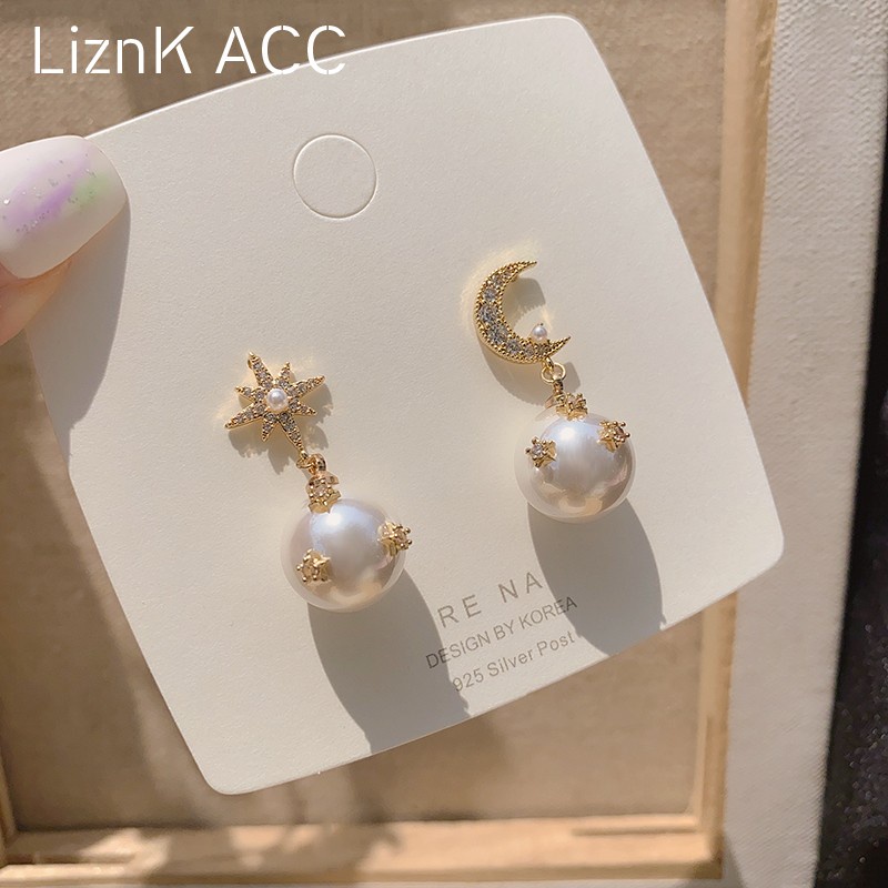 Đôi Khuyên Tai Dài Hình Mặt Trăng Và Ngôi Sao Đính Ngọc Trai Sang Trọng Cho Nữ