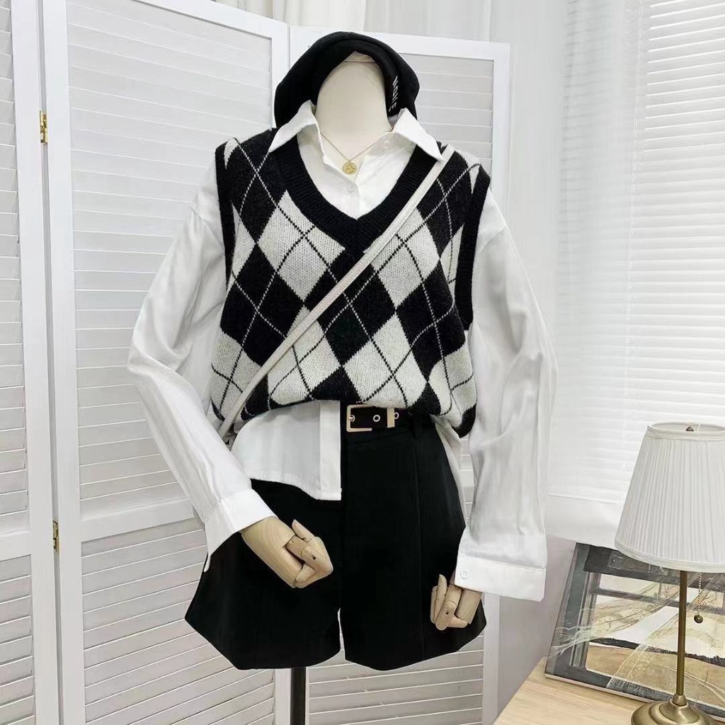 Áo Sweater dệt kim không tay cổ chữ V họa tiết sọc caro thời trang mùa xuân 2021 cho nữ | BigBuy360 - bigbuy360.vn