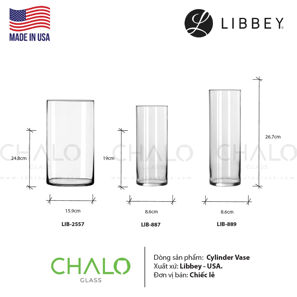 [Made in USA] Lọ hoa thủy tinh Libbey Cylinder Vase các cỡ - 2557 - 887 - 889