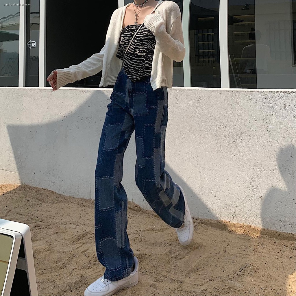 ⊕✎Plaid patch loose high waist wide leg pants jeans women 2021 new design sense street personality trend