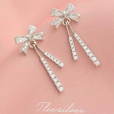 Khuyên tai bạc nữ TLEE nơ dáng dài tiểu thư nạm đá sáng sang trọng TleeJewelry B0144