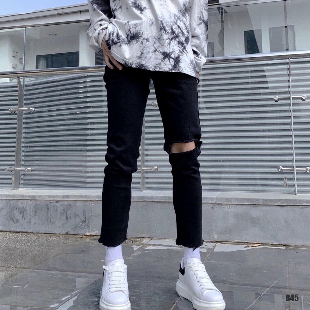 Quần Jean Nam Skinny Rách Gối Màu Đen Vải Co Giãn Nhẹ Không Phai Màu From Dáng Trẻ Trung - 845 - HÀNG