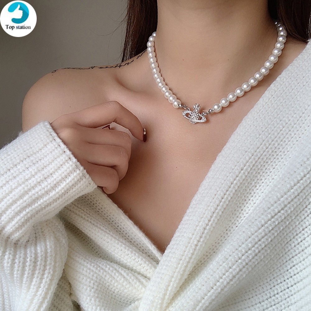 Vòng cổ mặt hình hành tinh đính hạt ngọc trai nhân tạo thời trang