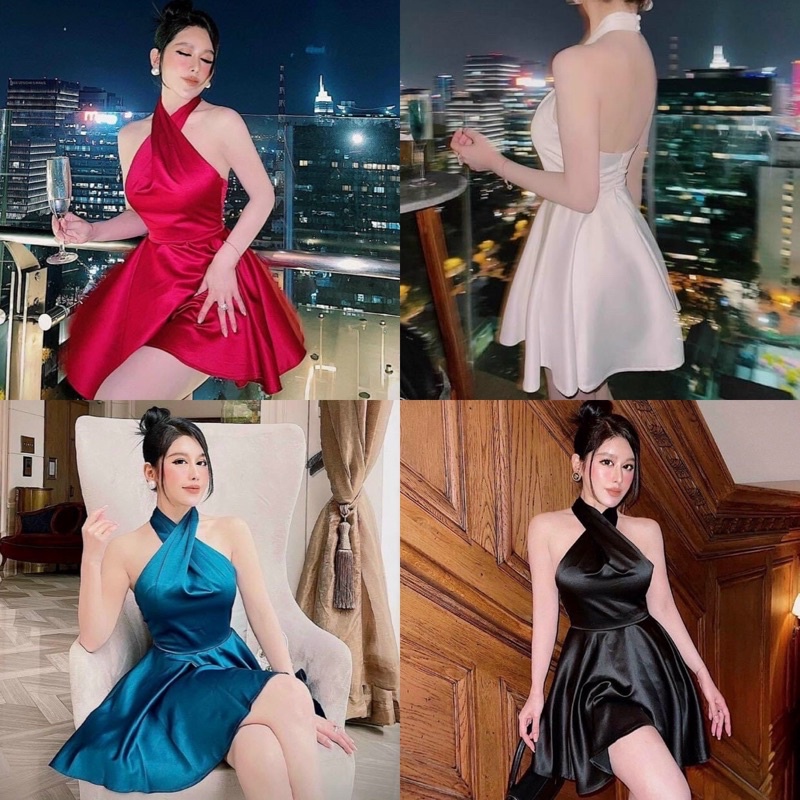 Đầm phi ngắn cổ yếm hở lưng trắng đen đỏ xanh, váy ngắn xoè nhẹ, thời trang đi chơi dự tiệc quyến rũ sang trọng gợi cảm