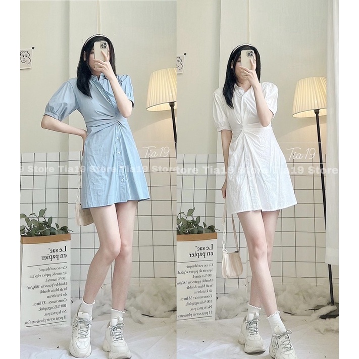 Váy sơmi cộc tay xoắn eo ulzzang Tia19. Đầm sơ mi dáng ngắn lệch eo