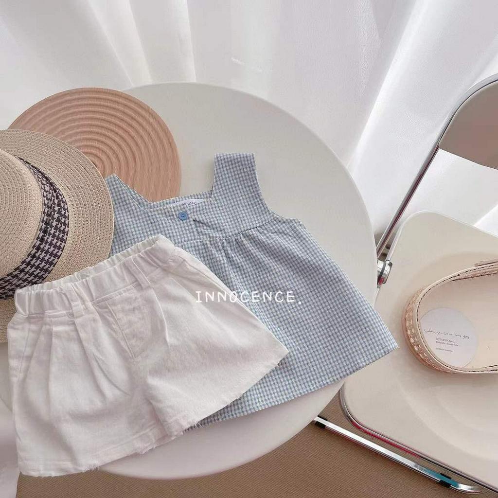Set Đồ Mùa Hè Năm 2021 Gồm Áo Hai Dây Và Quần Ngắn Kẻ Ô Phong Cách Hàn Quốc Cho Bé Gái 5