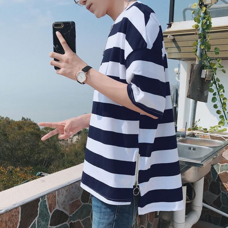 Áo Thun Oversize Zip-tee sọc ngang - Giá sỉ Unisex 🥇