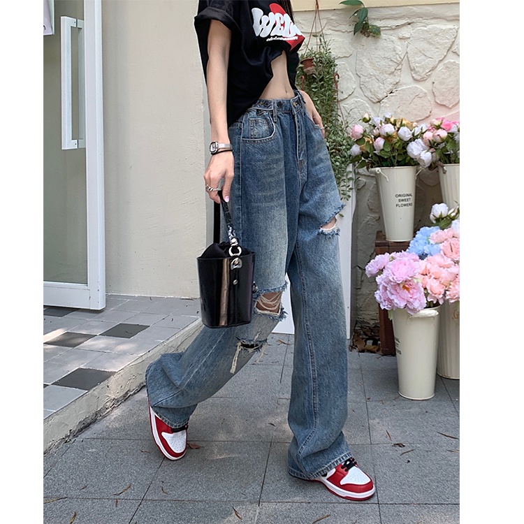 Kumikumi HUANG YOYO Quần jeans Nữ Lưng Cao Ống Rộng Rách Gối Thời Trang Hàn Quốc