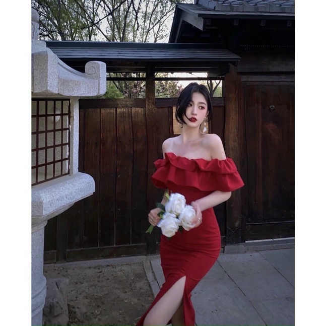 Đầm nữ sexy ,đầm midi đỏ bẹt vai nhún bèo xẻ đùi quyến rũ