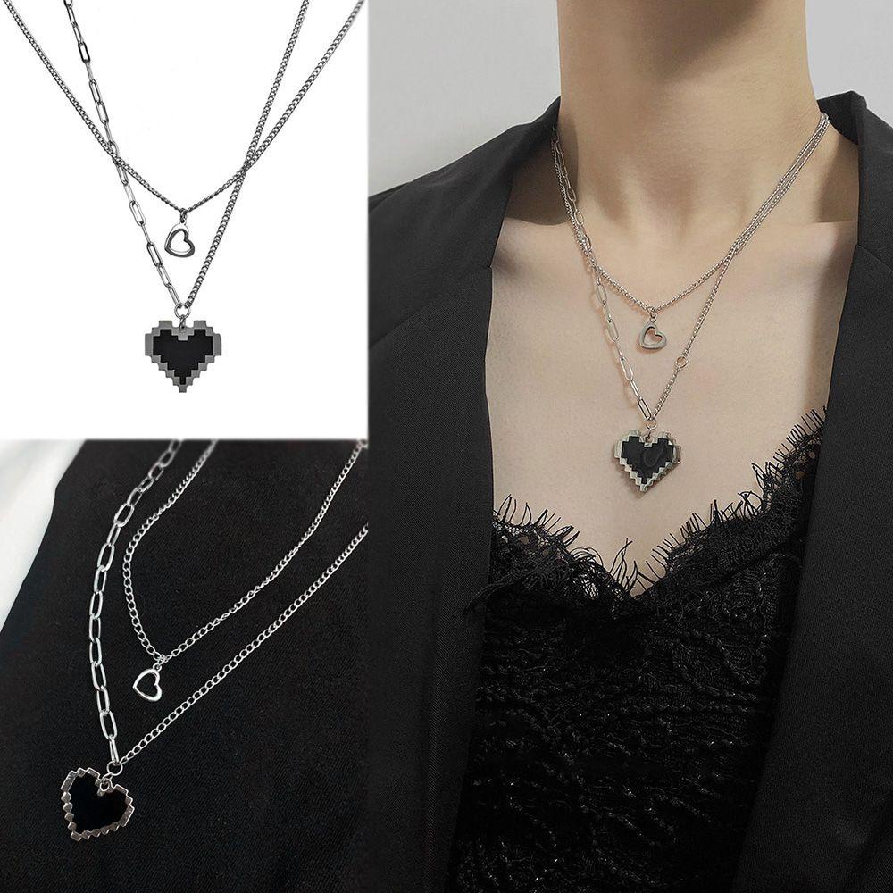 Vòng cổ Hai Lớp Màu Đen Trang Trí Hình Trái Tim Phong Cách Mosaic Thời Trang Cho Nam Và Nữ