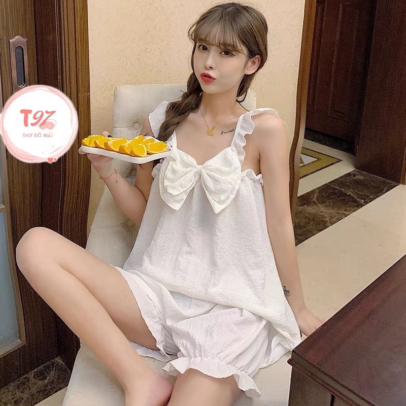 Bộ Ngủ Hai Dây T97 Bộ Mặc Nhà Hai Dây Chất Vải Đũi Xốp Nơ Phối Ren Siêu Xinh