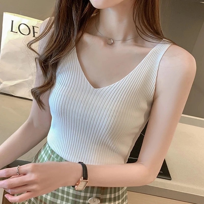 Áo Dệt Kim Không Tay Cổ Chữ V Màu Trơn Thời Trang Gợi Cảm Cho Nữ