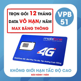 {Siêu Sim} Sim 4G Mobifone VPB51 Max Băng Thông Không Giới Hạn Tốc Độ Cao Trọn gói 12 tháng