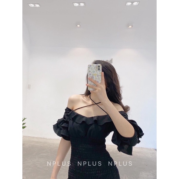 Đầm ôm body nhún bèo trễ vai