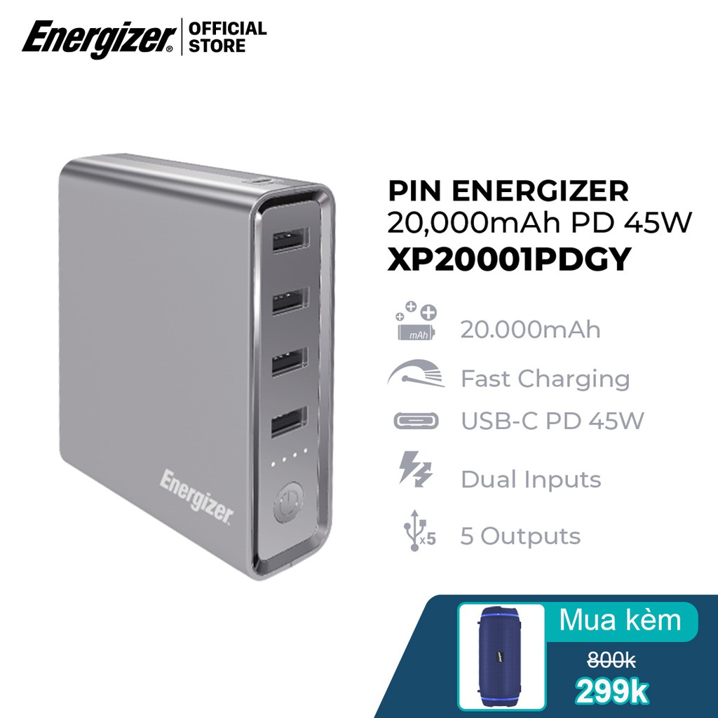 Sạc dự phòng Energizer 20000mAh màu xám 45W - XP20001PDGY (Hỗ trợ Macbook &amp; Laptop TypeC PD)