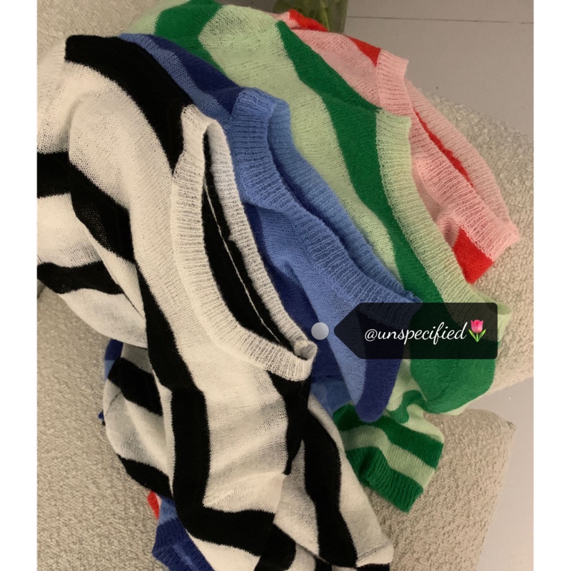 Áo Thun Len Mỏng Tay Ngắn Dáng Rộng Thoáng Khí Họa Tiết Kẻ Sọc Hàng Mới Cho Nữ