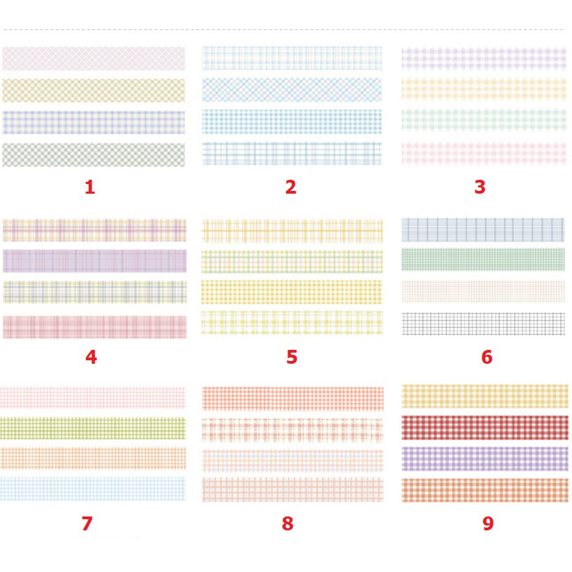 Hộp 4 cuộn băng dính washi tape hoa văn caro nhiều màu sắc