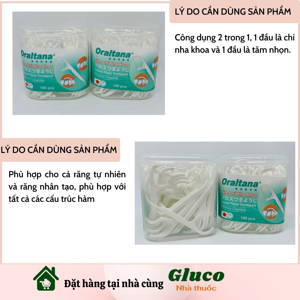 Chỉ tăm nha khoa Oraltana chỉ nha khoa 2 đầu tăm nha khoa hộp 100 cái GLU019