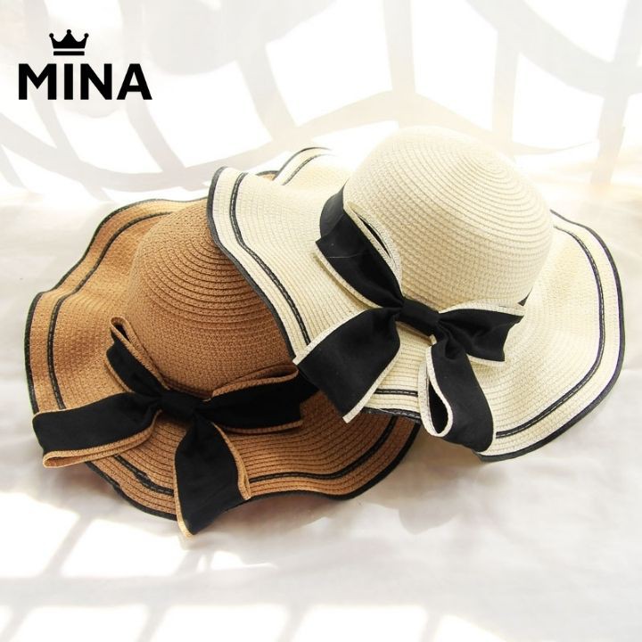 Mũ cói mềm vành rộng lượn sóng đai nơ MINAJW, nón cói đi biển cho mẹ và bé phong cách vintage chống