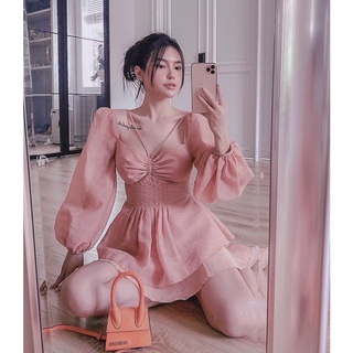 Set áo peplum rớt vai rút + short hồng