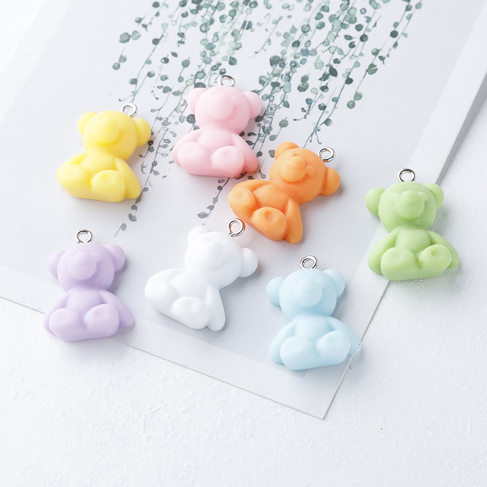Set 10 phụ kiện mặt dây chuyền/móc khoá hình gấu hoạt hình nhựa resin màu trơn nhám đẹp mắt