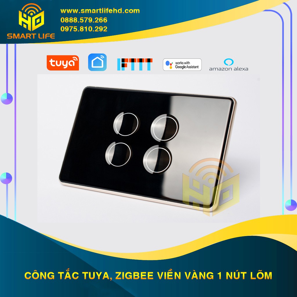 Công tắc điện thông minh viền nhôm, 1-4 nút lõm/phẳng mặt kính cao cấp hệ Tuya - Smart Life, US (Chữ nhật)