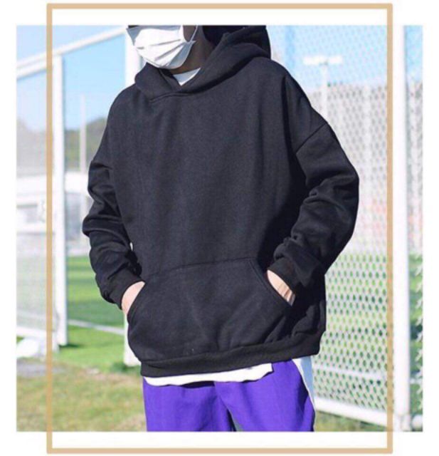 Hoodie nỉ basic đen tay dài túi bụng