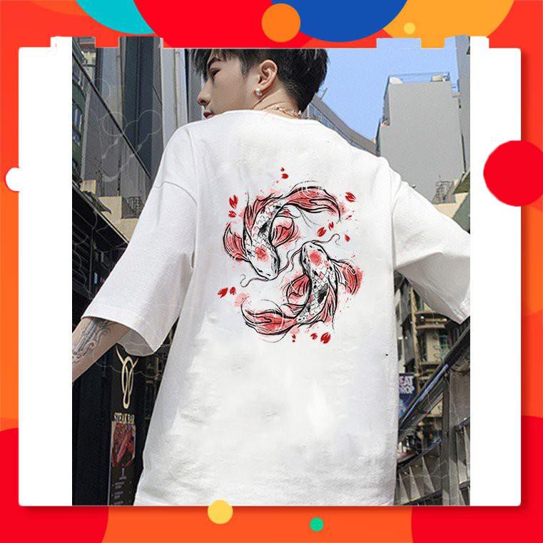 ÁO THUN ĐẸP🔥XẢ KHO🔥 Áo thun nam tay lỡ 2 con cá chép form rộng vải dày mịn 2020T2605