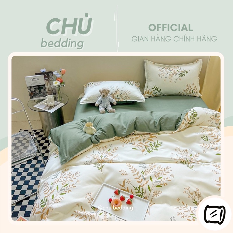 Bộ chăn ga gối poly cotton: hoa nhí xanh hồng
