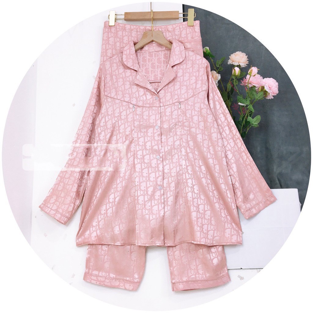 Bộ Pijama Bầu và Sau Sinh chất  lụa gấm siêu xinh mặc 2 chức năng có khóa cho con bú BD933