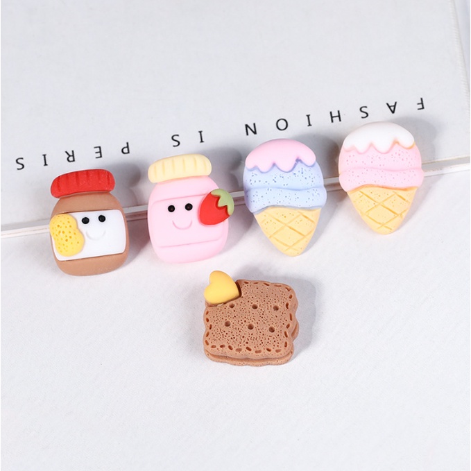 Jibbitz sticker gắn dép Crocs hình kem ốc quế,hũ mứt dâu,bơ lạc và bánh biscuit dễ thương
